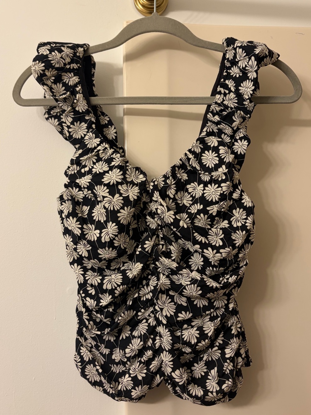 GAP Black Tank with White Daisy Print and Ruffle Straps